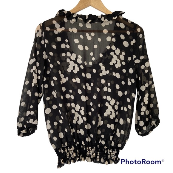 MARGARET M BLACK/WHITE POLKA DOT BLOUSE W/RUFFLE NECKLINE, SHIRRED WAIST, SM - Picture 2 of 9
